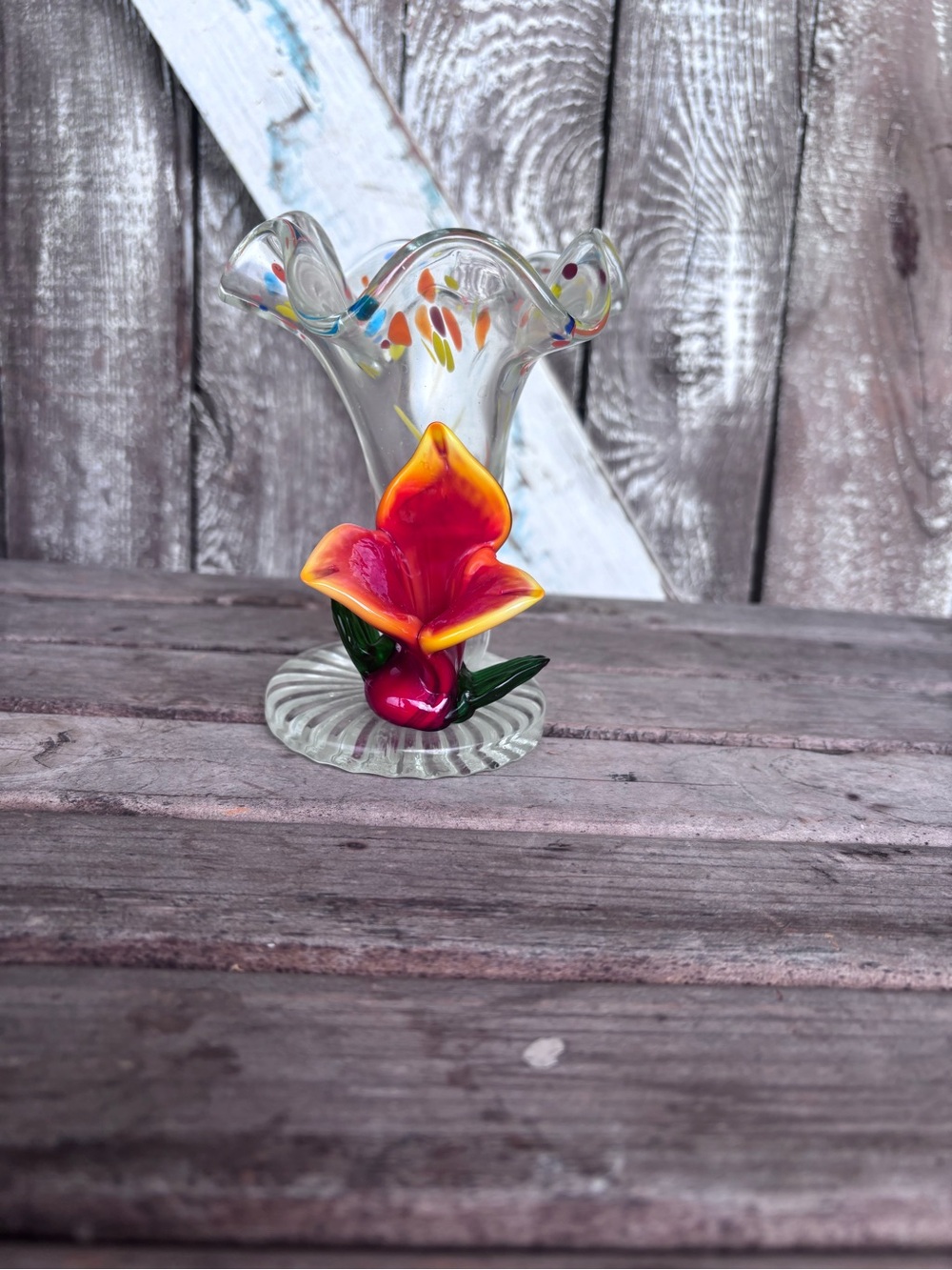 Murano style Splatter Glass Flower Bud Vase Red Flower-Art Decor Multicolor